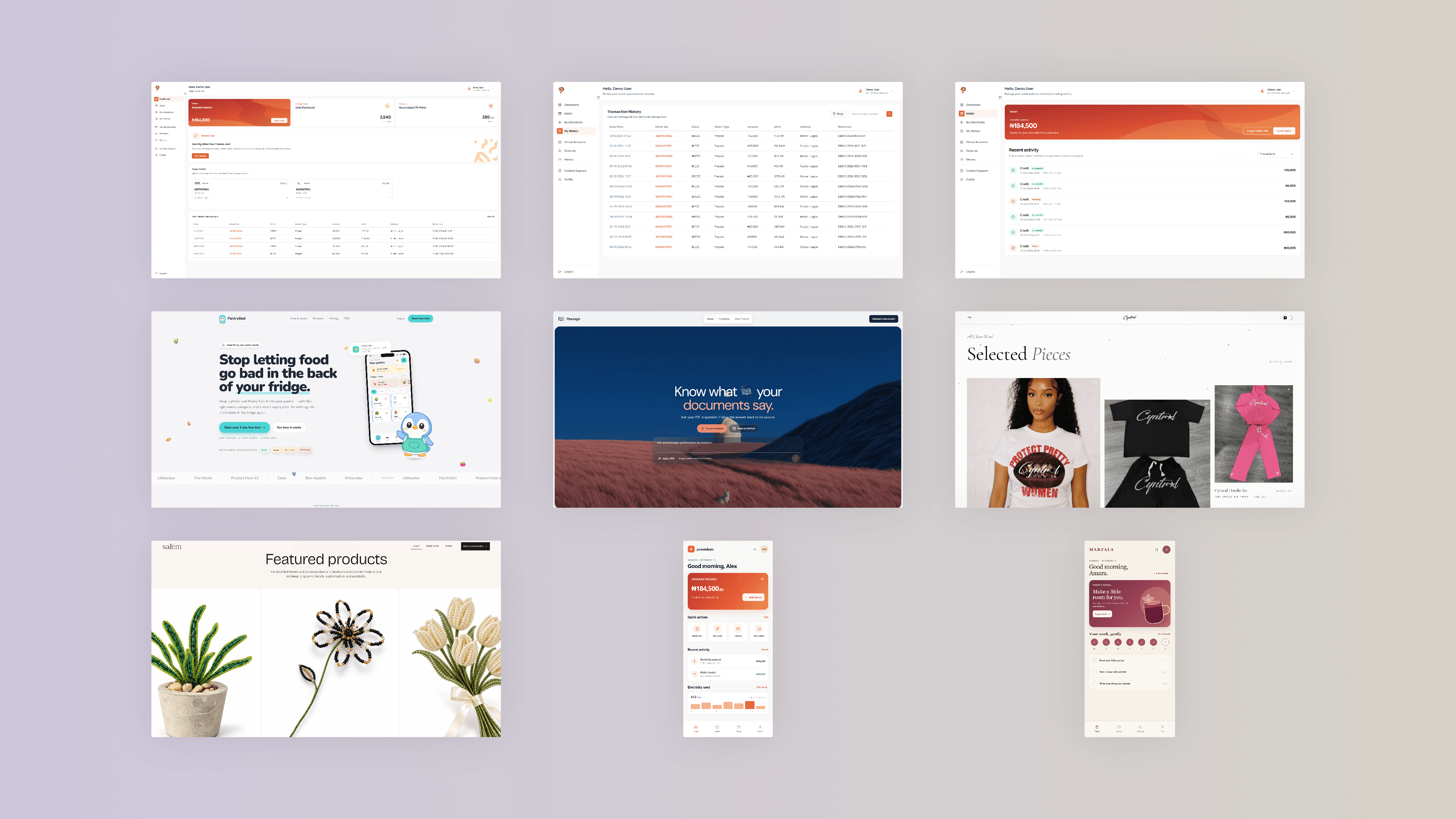 Nine distinct web and product design screens arranged in a grid.