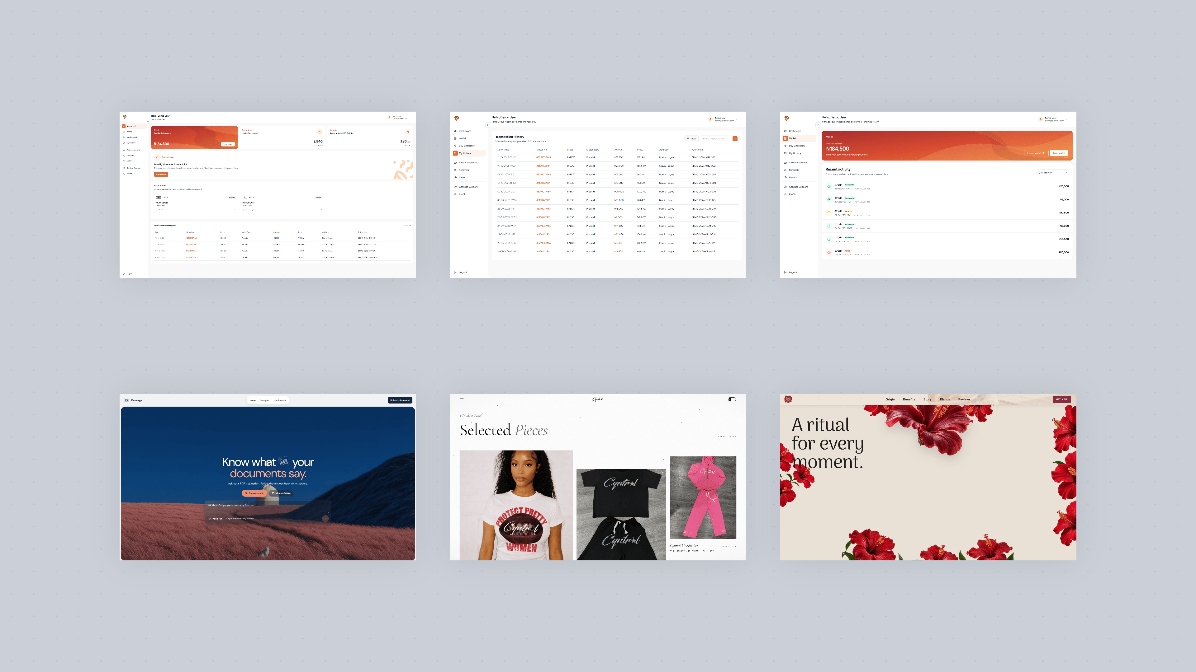 Six distinct web and product design screens arranged in a grid.