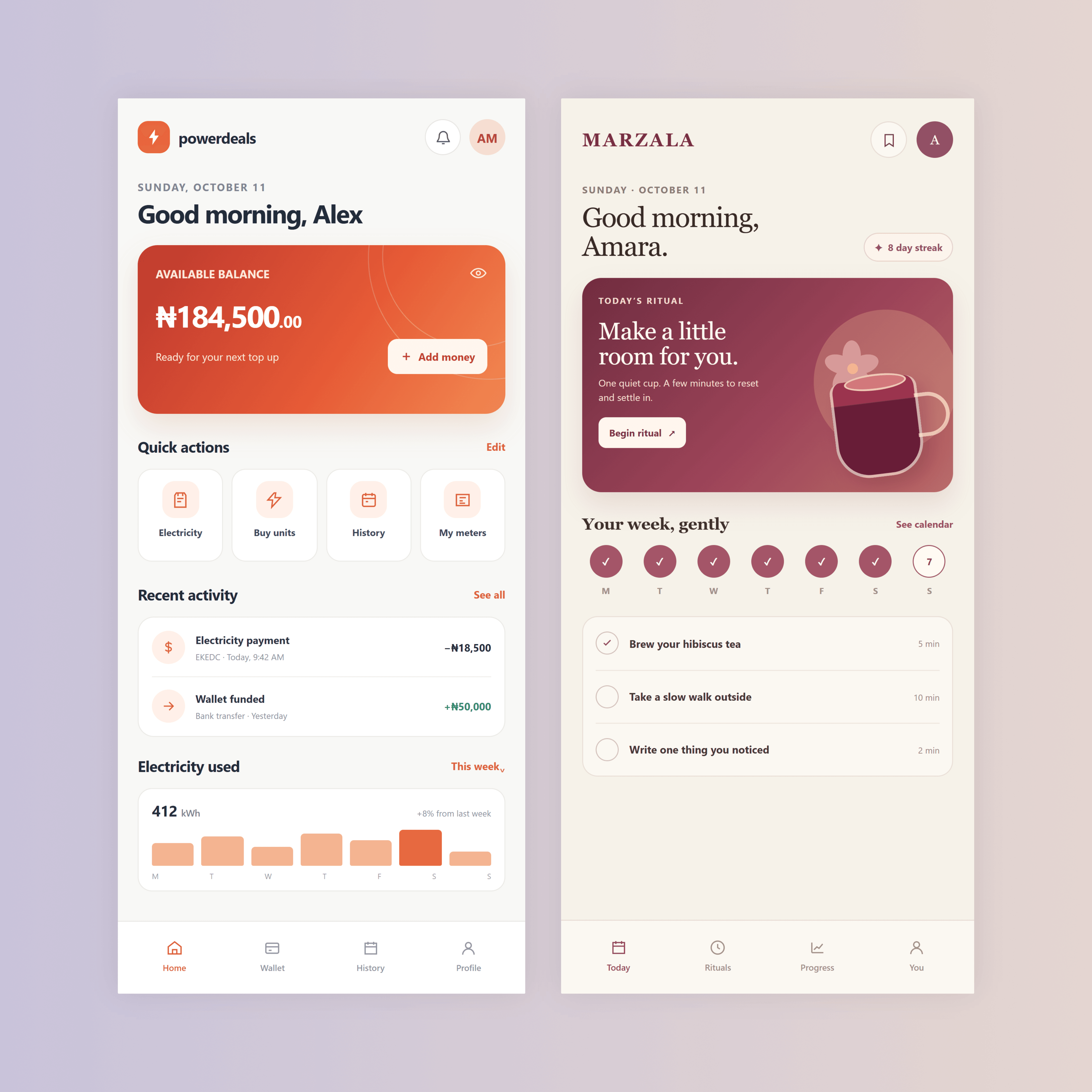 Two mobile app screens arranged together on a square canvas.