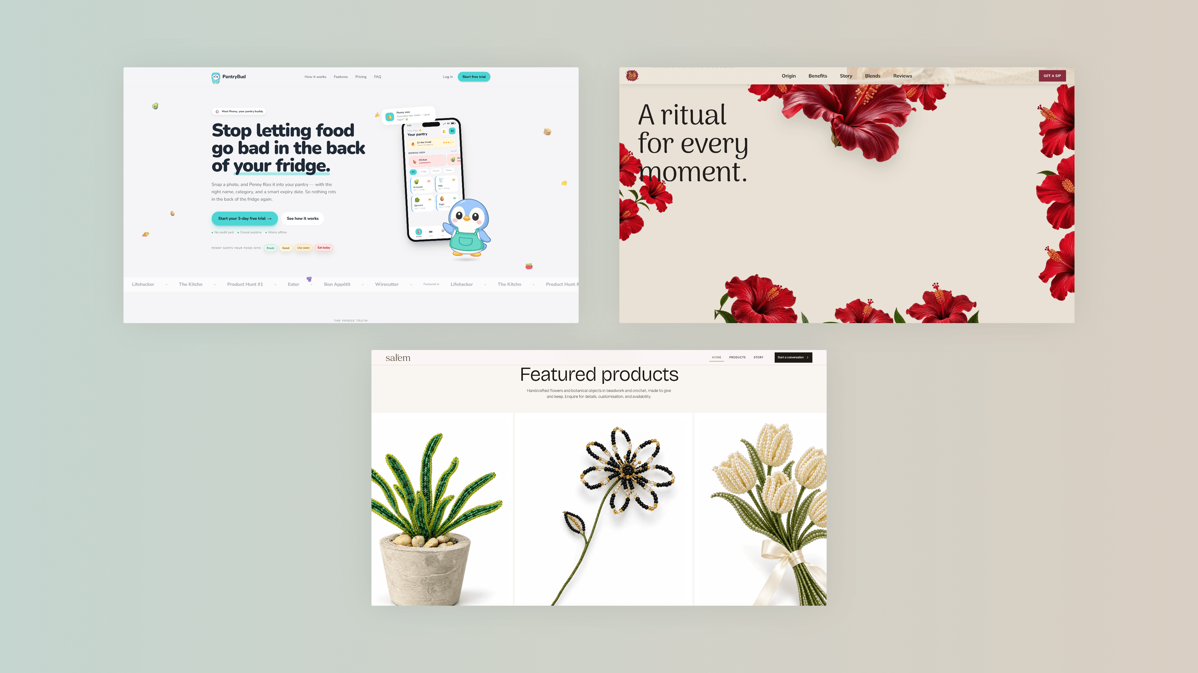 Three product and brand design screens arranged in one composition.